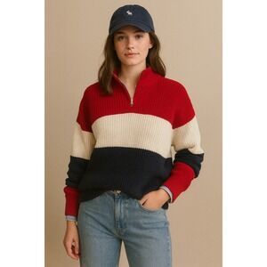 Vintage 90's Nautica Colorblock 1/4 Zip Pullover‎ Sweater Red White Navy Size L